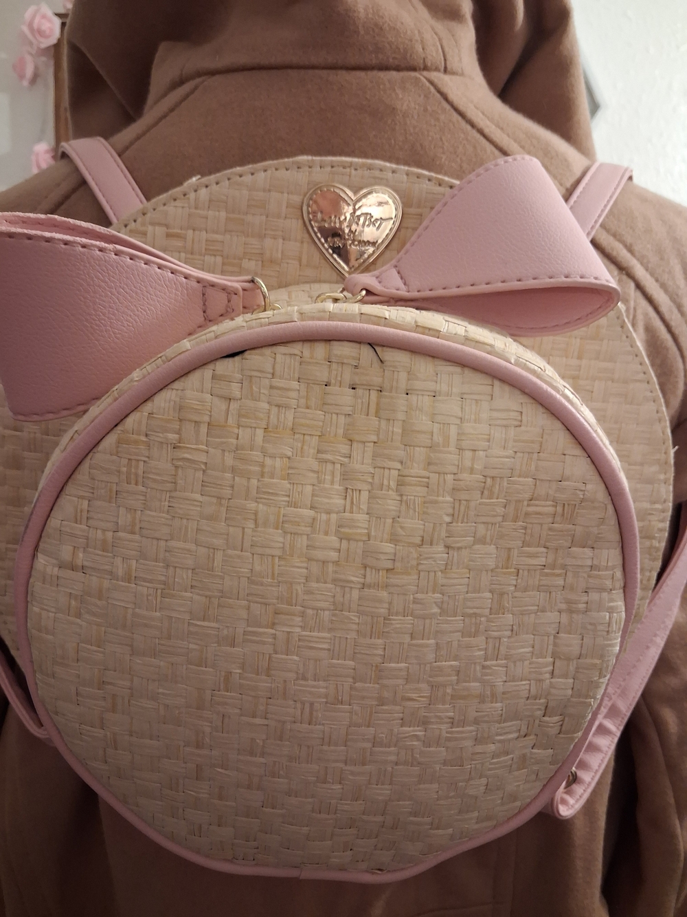 Betsey Johnson Pink Trim Woven Round Backpack with Bow
